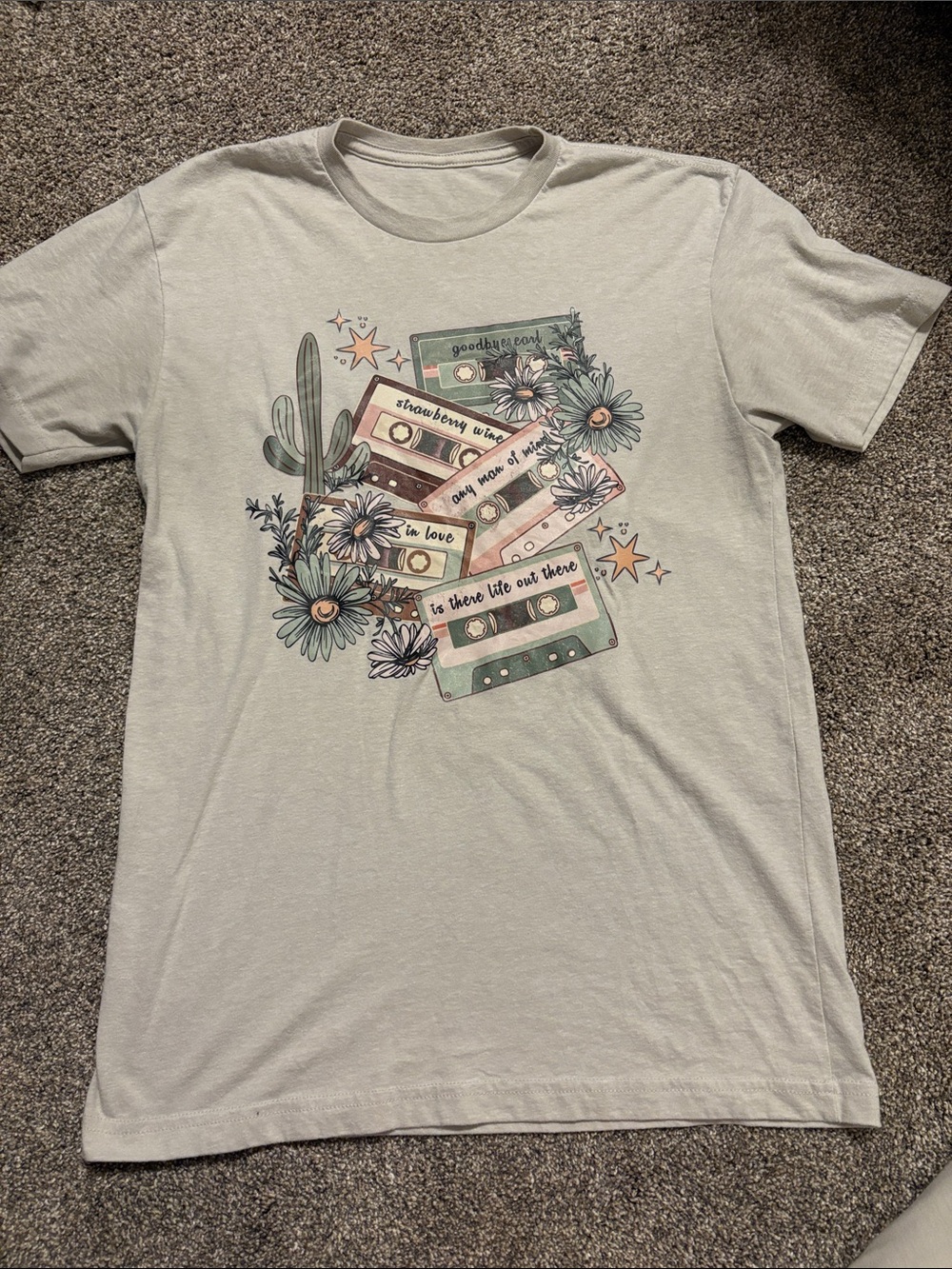 Graphic Tee with Pastel Cassette Print - Light Cream